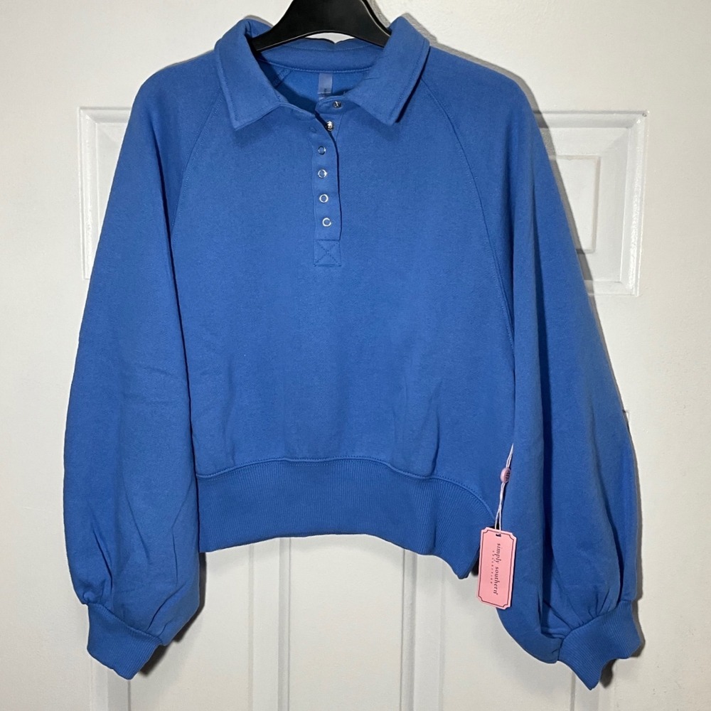 Simply Southern Balloon Sleeve Polo Sweatshirt Marine Blue XS 0225-POLO-BLN
